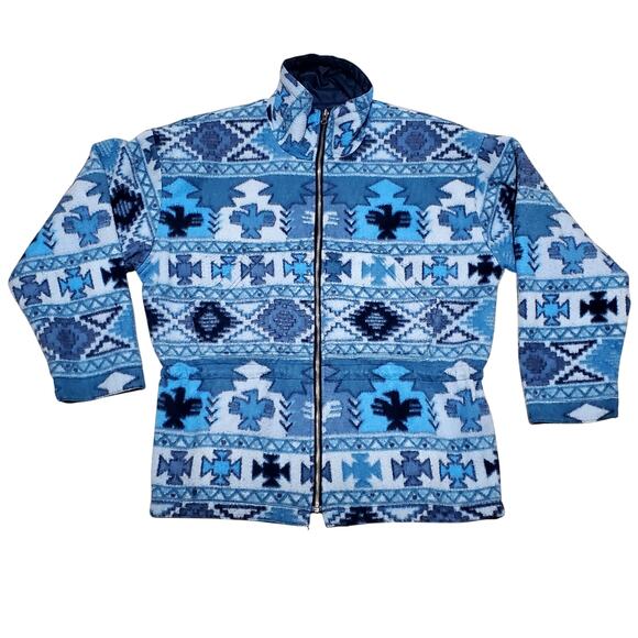 Navajo Native Aztec Thunderbird Fleece Reversible Jacket Vtg Sz M 90s - Picture 1 of 11